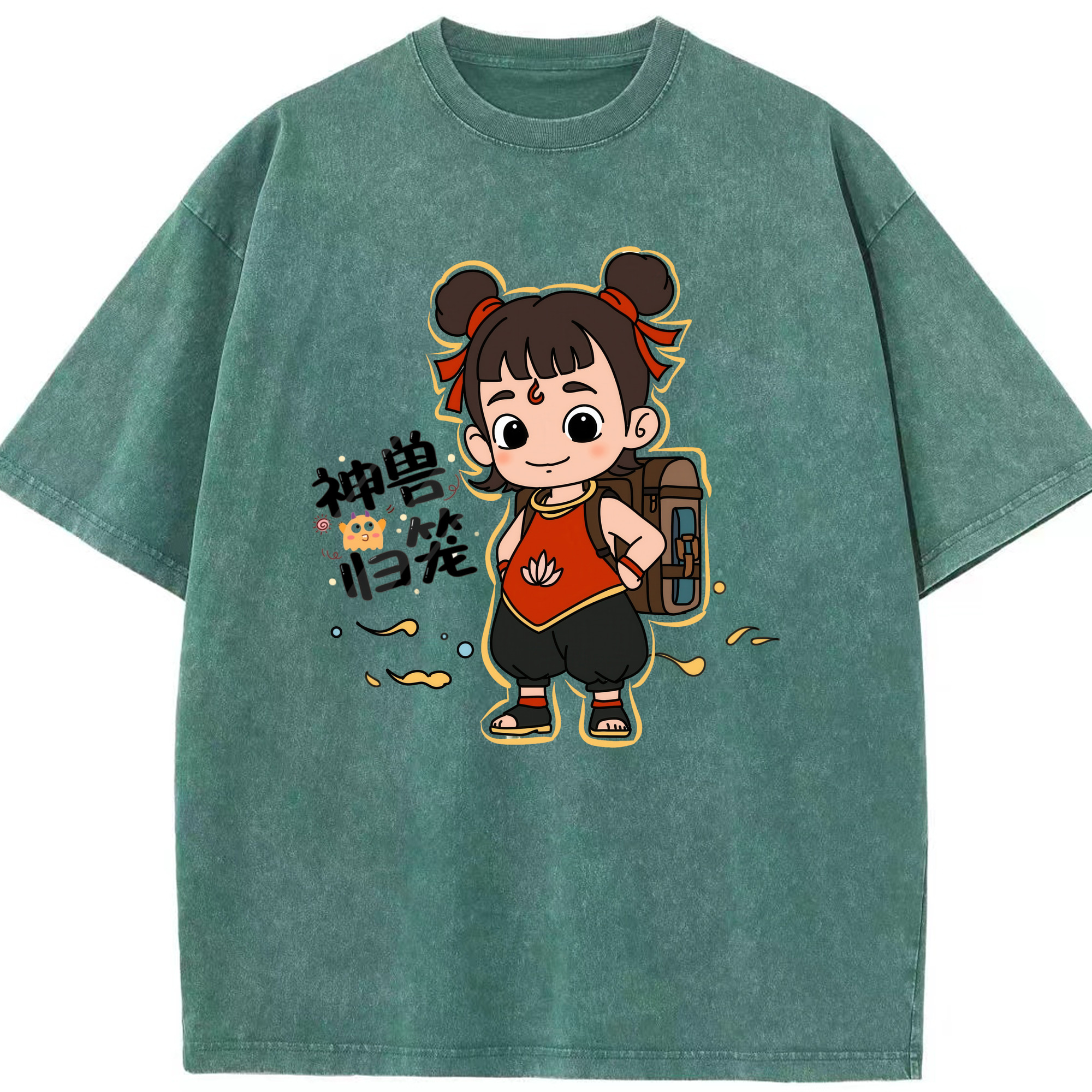（画像用） Ne Zha 2 ナタ 魔童の大暴れ 綿100% ヴィンテージ風 半袖Tシャツ（フロントプリント）